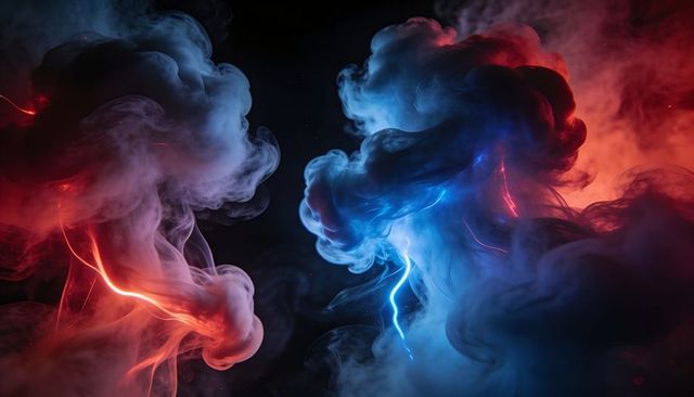 Swirling Red and Blue Energy Smoke Colliding with Lightning Streaks and Bold Contrast