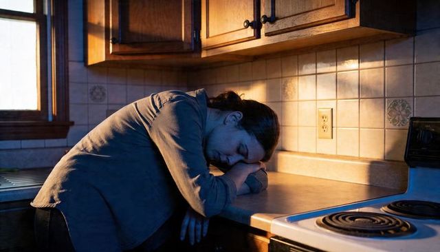 Leaning woman resting head on folded arms on kitchen countertop during dusk light