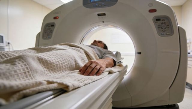 Man undergoing ct scan on hospital gantry covered with beige blanket and pillow