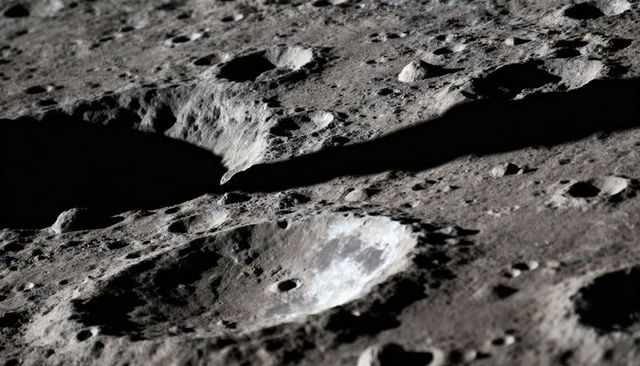 Lunar crater casting long shadows across rugged highlands near terminator line