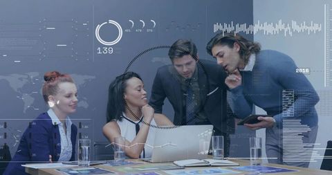 Team Analyzing Data on Laptop with Augmented HUD Overlays in Corporate Meeting Room