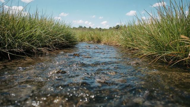 Shallow creek flowing through grassy marsh with pebble bed and blue sky