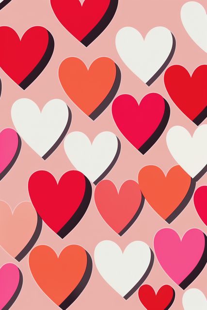 This heart pattern features multicolored hearts in shades of red, pink, orange, and white on a pink background. Ideal for Valentine's Day cards, gift wrap, party decorations, or digital backgrounds. Perfect for themes of love, romance, and celebrations.