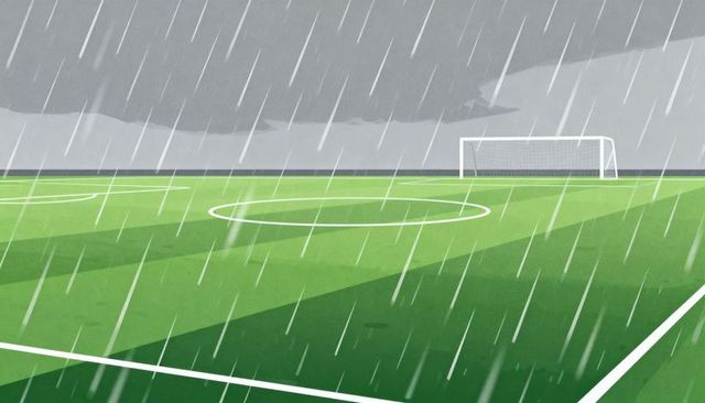 Rain-soaked soccer field with goalpost and reflective wet grass under stormy sky