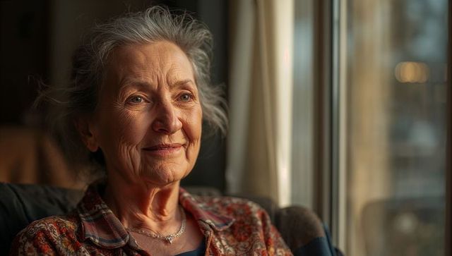 Senior woman gazing out window in warm light, contemplative portrait for lifestyle use