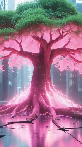 Bioluminescent Tree Pulsing Energy Through Roots on Neon City Street, Futuristic Forest