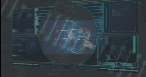 Man wearing vr headset interacting with virtual interface data stream