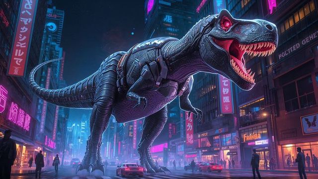 Futuristic Cyberpunk City with Armored Robo-Tyrannosaurus Rex