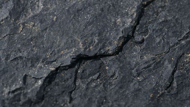 Dark metamorphic slate texture with hairline cracks and mineral flecks close-up