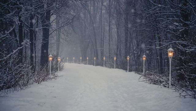 Glowing vintage lanterns leading snow-covered pathway through misty twilight winter forest