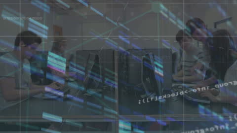 Team Collaborating on Digital Business Project with Data Overlay