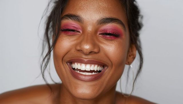 Radiant closeup portrait smiling woman wearing pink eyeshadow glossy lips hoop earring glowing skin