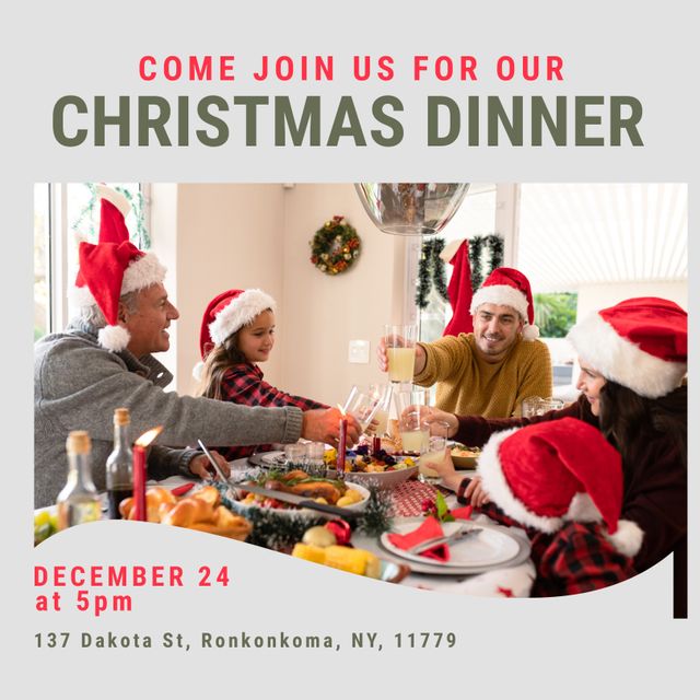 Square image of caucasian family having christmas dinner and christmas dinner text. Christmas dinner campaign.