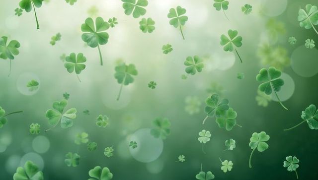 Floating Shamrock and Clover Leaves Over Soft Green Bokeh Background for St Patrick's Design