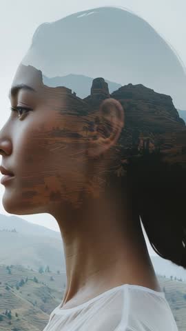 Vertical double exposure merging woman profile with rolling hills for mindfulness and calm