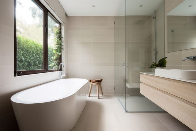 This image showcases a modern minimalist bathroom featuring a freestanding tub and a sleek glass shower with a beige tiled wall. The spacious room is bathed in natural light through a large window, complementing the contemporary decor. A small wooden stool adds a natural touch, while an indoor plant provides a burst of greenery. Perfect for articles on bathroom remodeling, interior design inspiration, or home decor trends.