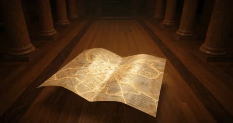 Mystical Map Materializing with Glowing Streets in Ancient Hall