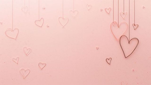 Hanging pastel pink wire hearts creating minimal romantic background with copy space