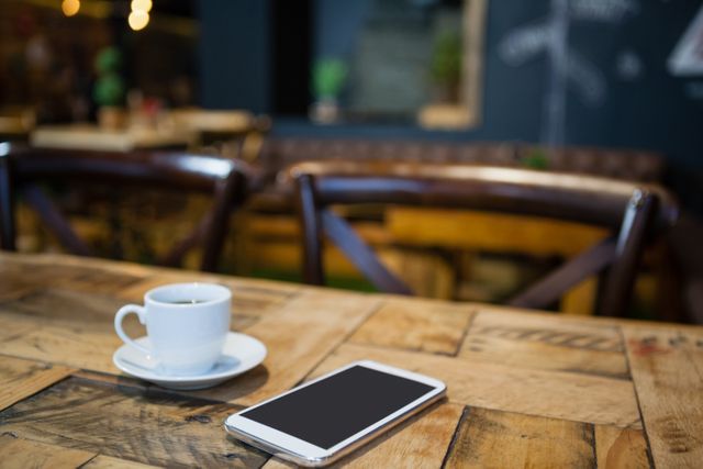 Close up of mobile phone and tea cup on wooden table at restaurant