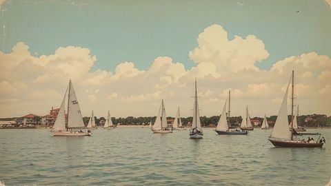 Sailing boats gathering on serene lake under fluffy clouds