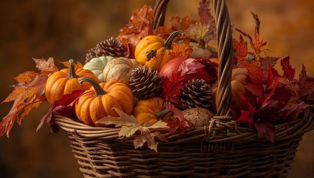 Autumn harvest basket with pumpkins and pine cones
