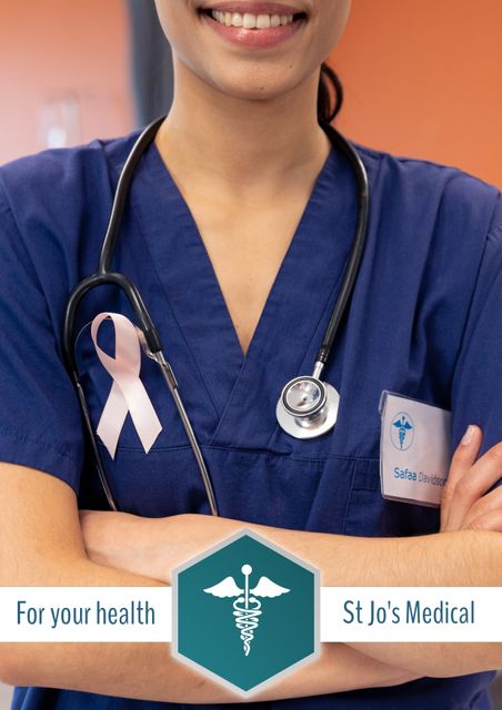 Healthcare Professional Displaying Cancer Awareness Ribbon at St Jo's Medical - Download Free Stock Templates Pikwizard.com