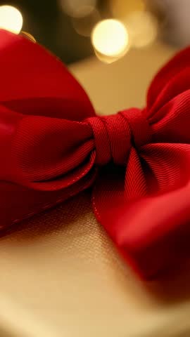 Vertical video pulling focus over red bow on gold gift wrap with warm bokeh lights