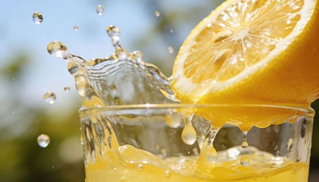 Sunlit lemon squeeze creating golden juice splash over glass, fresh citrus macro