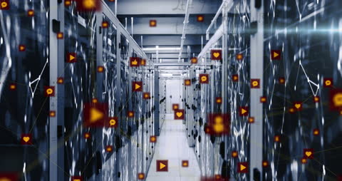 Digital Icons Overlapping Modern Data Center Servers