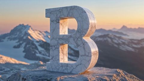 Marble letter b illuminated by sunrise on mountain summit
