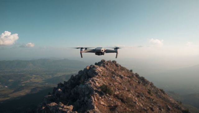 Drone hovering over rocky ridge capturing panoramic valley and distant mountain landscape