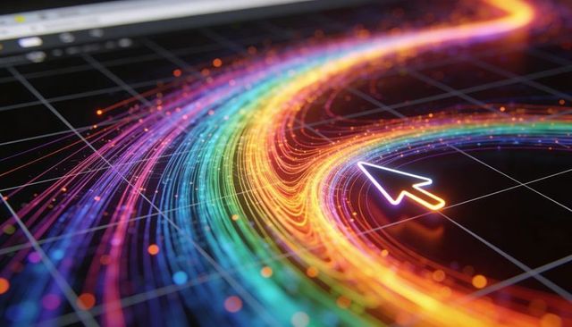 Glowing cursor tracing rainbow data stream on dark grid, futuristic neon digital motion