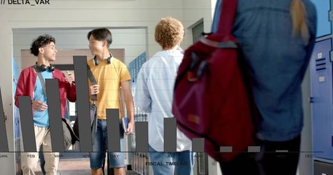 Students chatting in school hallway carrying backpacks and notebooks with fiscal timeline