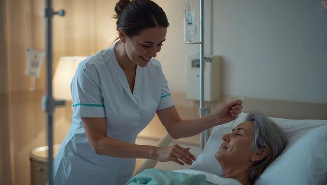 Compassionate nurse adjusting iv drip for relaxed older woman recovering in hospital bed