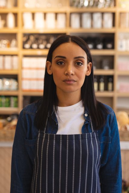 Young female cafe owner wearing an apron, standing confidently in her coffee shop. Ideal for use in articles or advertisements about small businesses, entrepreneurship, women in business, or the hospitality industry.