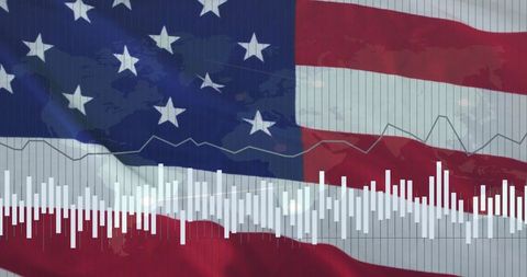 Data analysis overlay with american flag and global map