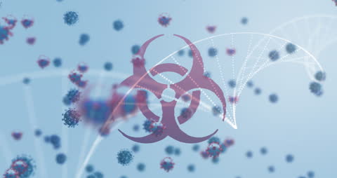 Biohazard Symbol Linked with Coronavirus and DNA Strands