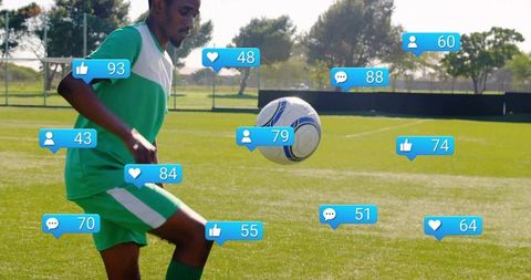 Soccer Player Juggling with Social Media Engagement Icons