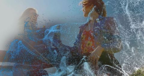 Vibrant Urban Dance with Technology-Inspired Water Particles