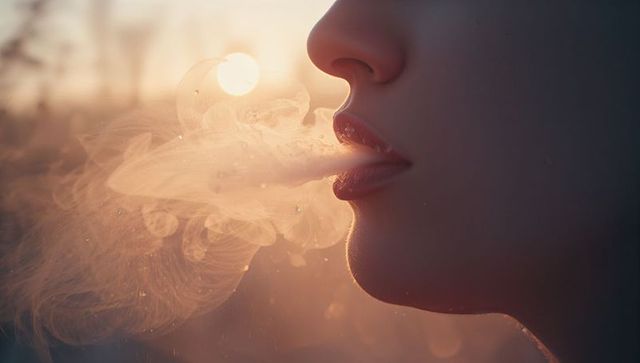 Woman exhaling mist in warm sunset light with swirling vapors