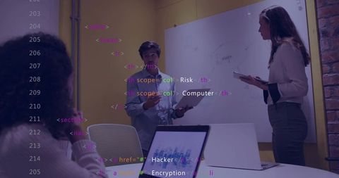Team presenting cybersecurity strategy in modern meeting room with code overlay and whiteboard