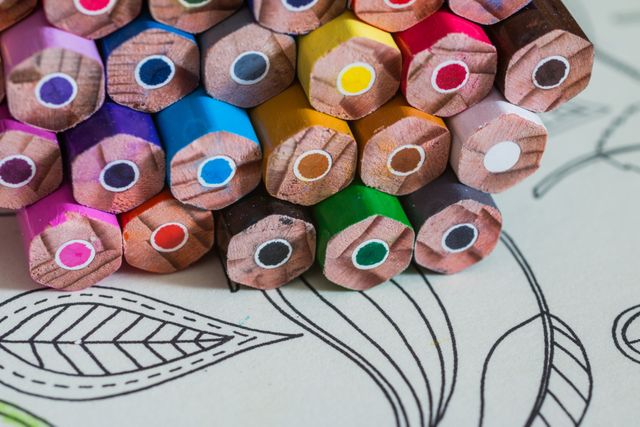 This image captures an array of sharpened colored pencil tips neatly arranged on an intricate coloring page. Ideal for use in educational materials, art and craft projects, advertisements for school supplies, or creative promotions.