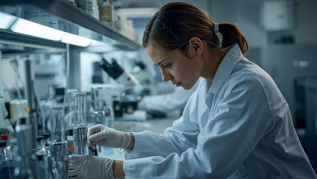 Young scientist adjusting graduated cylinder on clinical laboratory bench