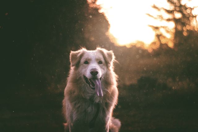 Dog seen sitting outdoors during golden hour, surrounded by nature. Ideal for advertisements, blog posts or website content featuring pets, outdoor activities or lifestyle themes.
