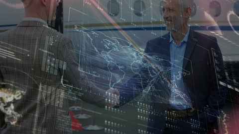Business Leaders Shaking Hands with Digital Map Overlay