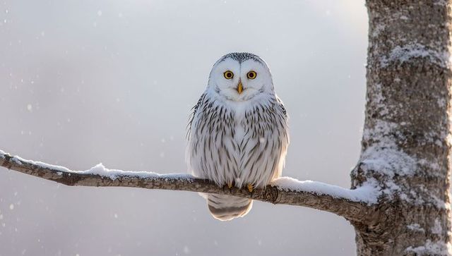 Snowy owl perching on snow-dusted birch branch facing camera in winter woodland