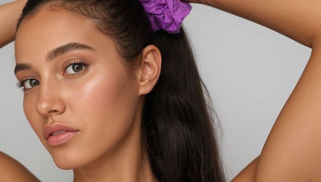Closeup portrait young woman showing dewy skin and purple scrunchie in ponytail