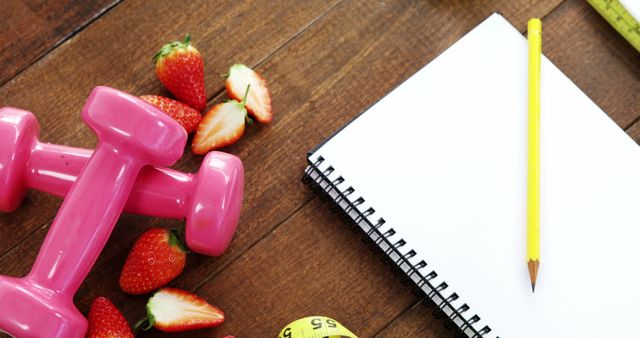 Ideal for illustrating concepts related to health and fitness, this depiction showcases pink dumbbells, fresh strawberries, a yellow measurement tape, and a blank notebook. Suitable for use in health blogs, fitness planners, nutrition programs, or advertisements focusing on wellbeing and lifestyle coaching.