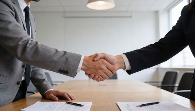 Business handshake over conference table after contract signing, corporate partnership