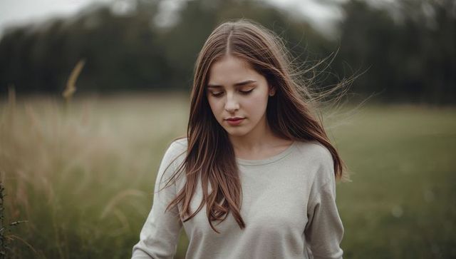Young woman standing in windy meadow looking down serene overcast portrait for lifestyle